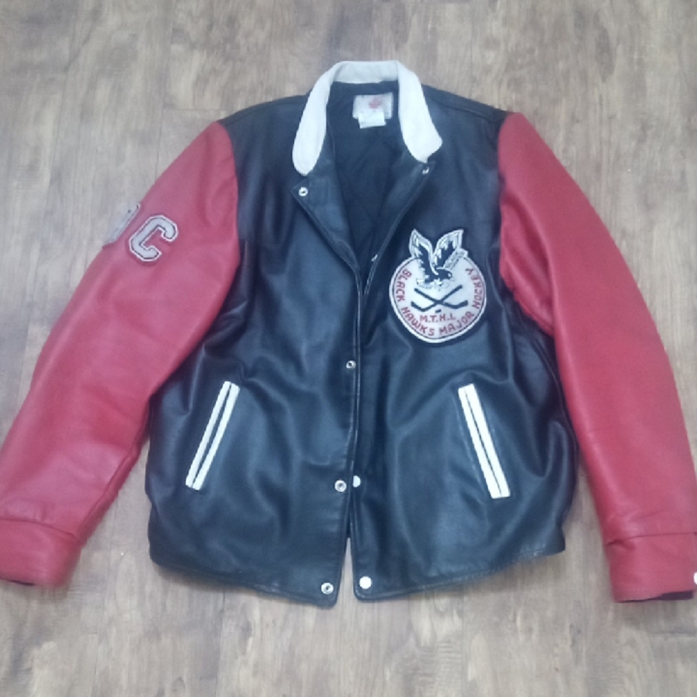 Vintage Varsity Leather Jacket Mississauga Black Hawks Major Hockey M.T.H.L